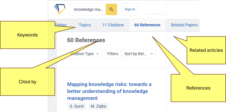 Figure 2: Navigating information about an article found on Semantic Scholar